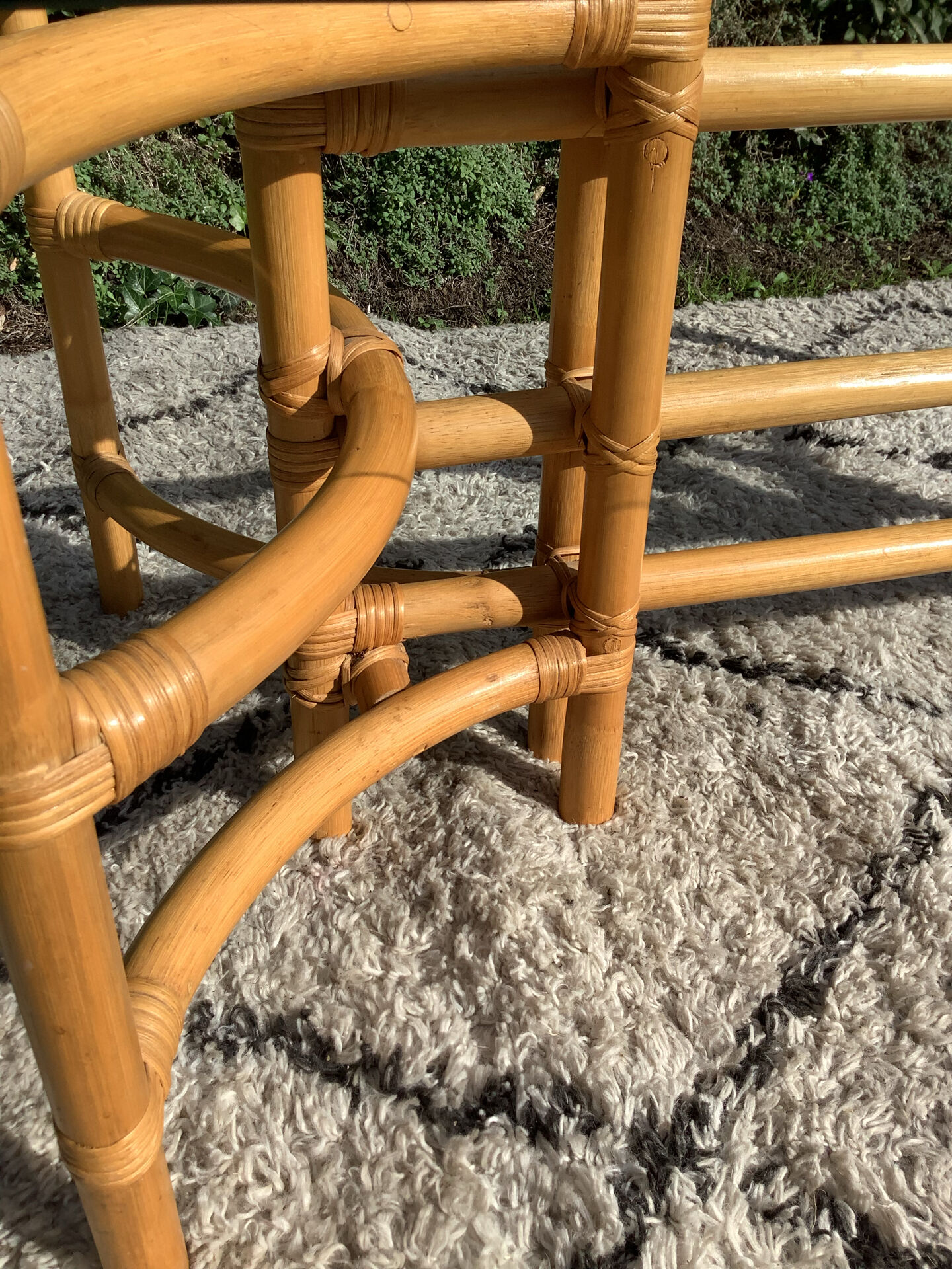 1970s rattan and glass coffee table