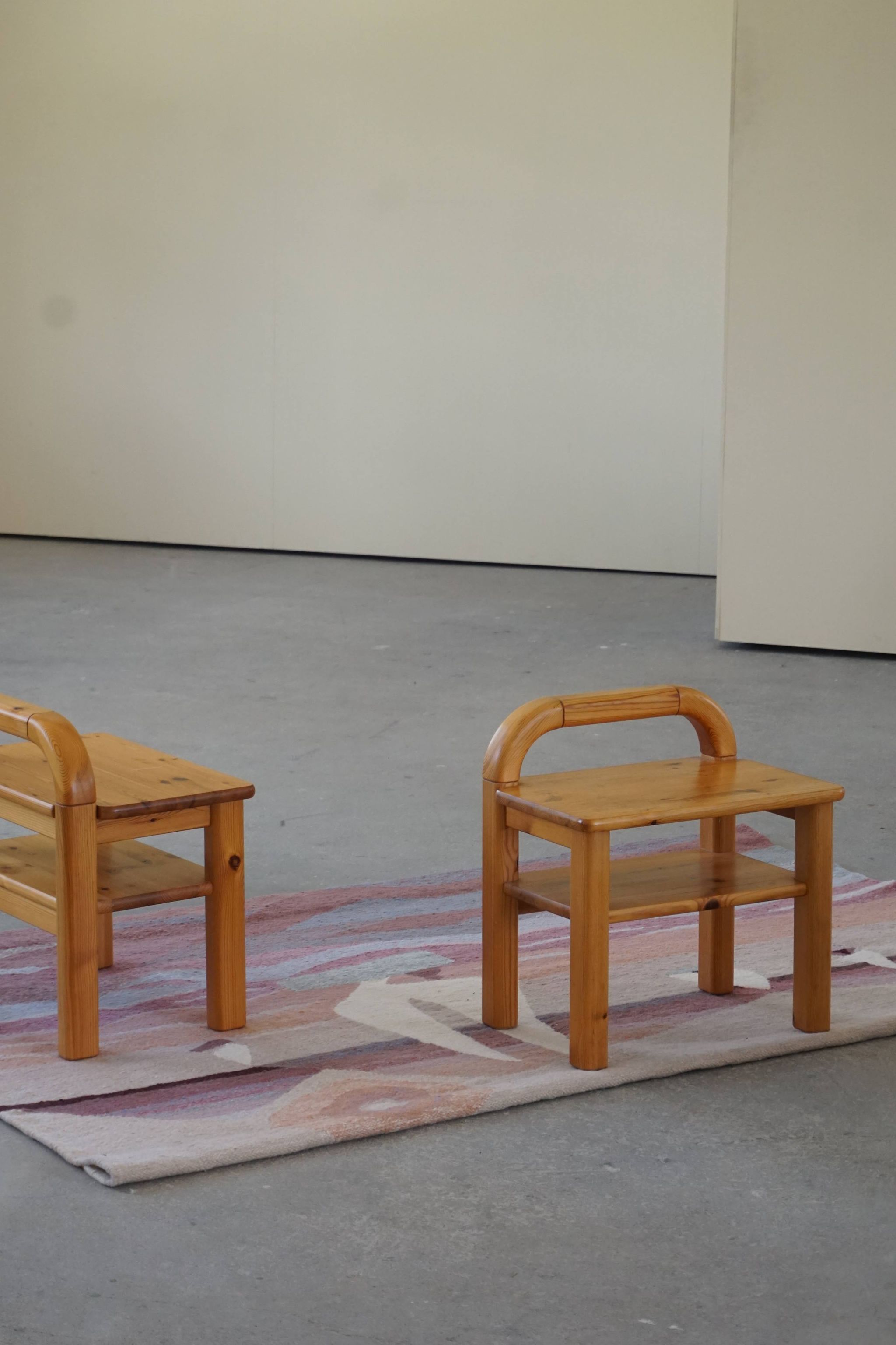 Pair of Mid Century Brutalist Night Stands in Solid Pine, 1970s, Made in Sweden