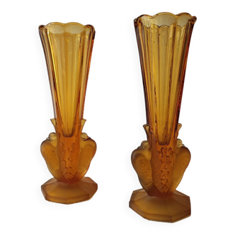 Pair miniature art deco peacock vases