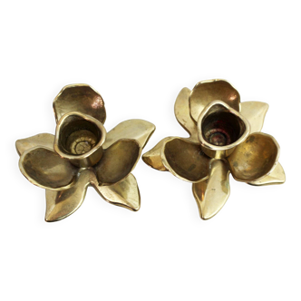 Pair of brass flower candle holders