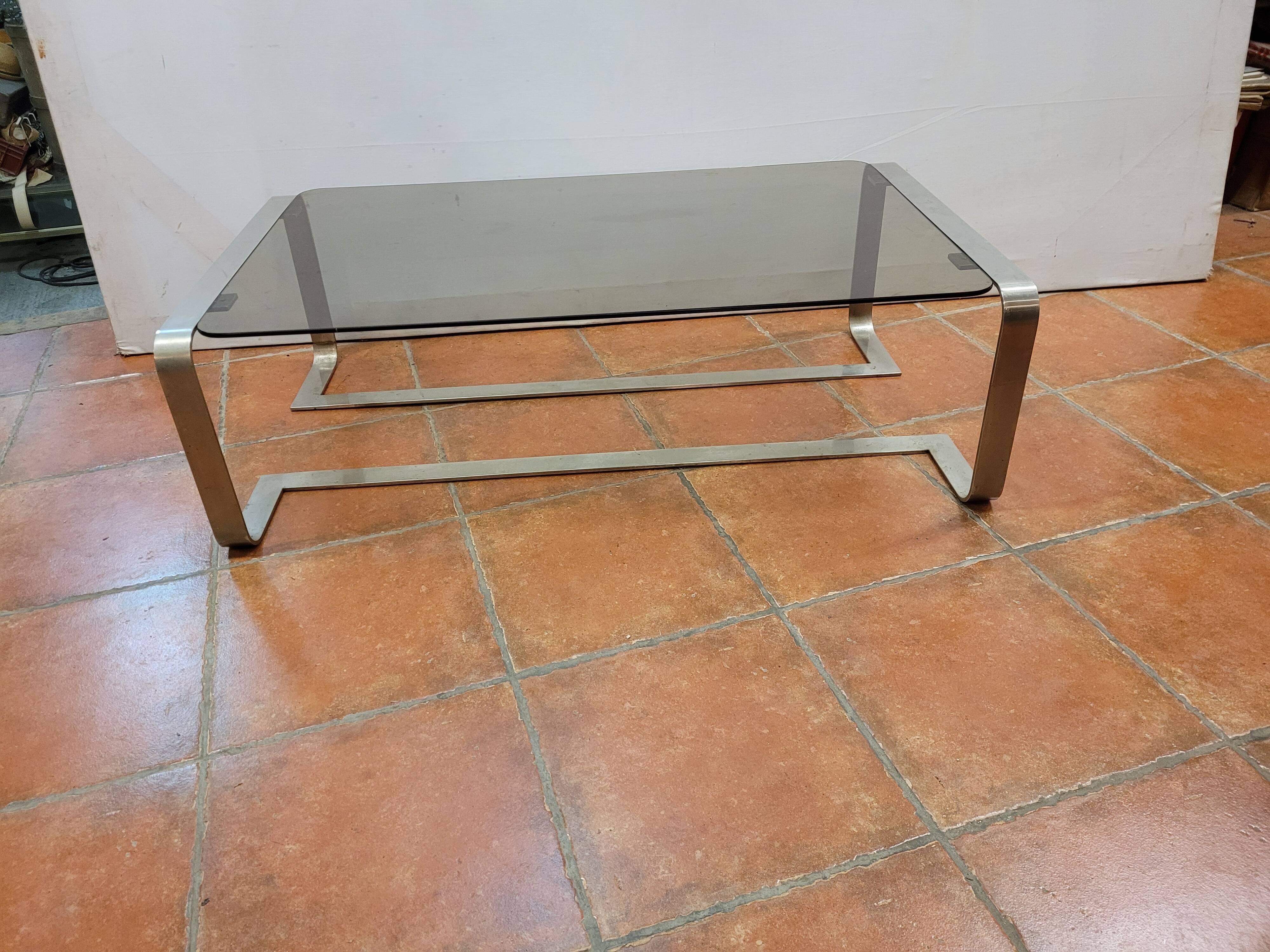 Coffee table with stainless steel base and smoked glass, from the 70s