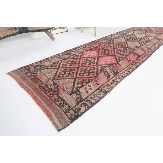 Vintage Turkish Oushak Handmade Wool Cotton Pink Runner Rug 78x376