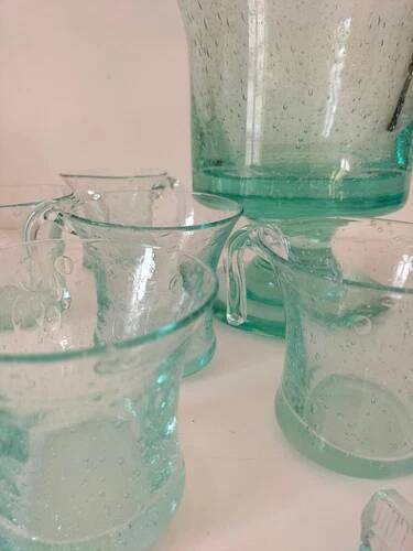 Service en verre soufflé bullé vert d'eau – Coupe sur pied, 5 tasses et louche