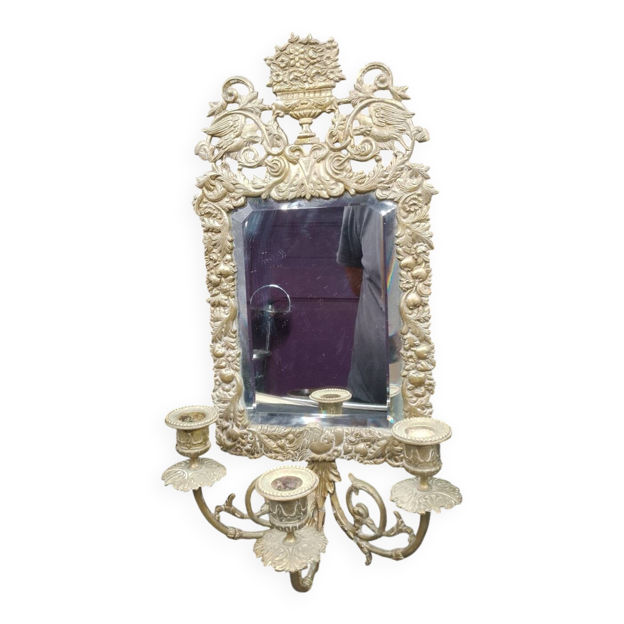 Repousse brass wall mirror with three candles, beveled glass, end of 19th century, double eagles