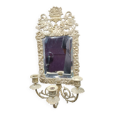 Repousse brass wall mirror with three candles, beveled glass, end of 19th century, double eagles