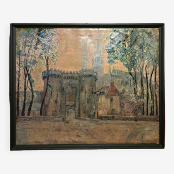 Tableau impressionniste et matiériste - Porte Guillaume et cathédrale de Chartres, 1888