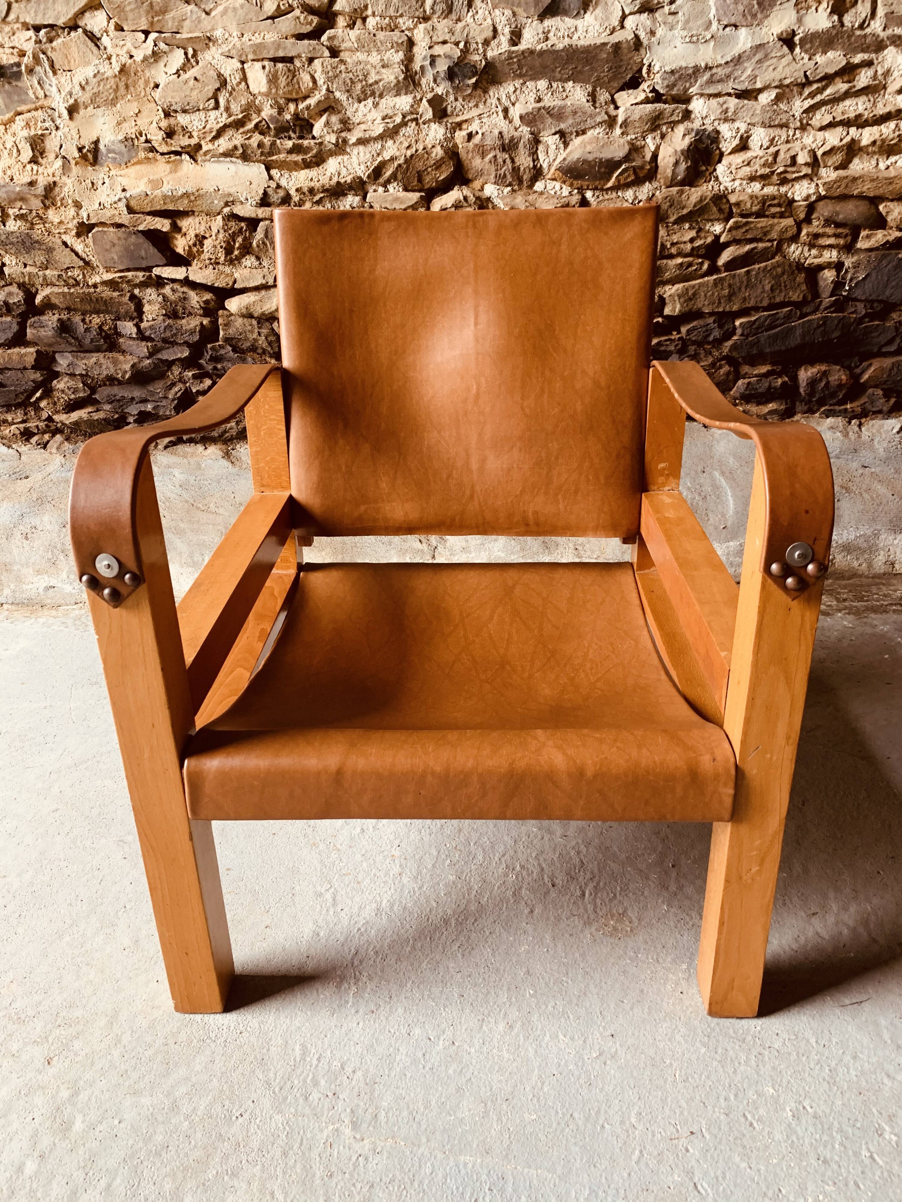 Safari armchair in wood and leather -1950's