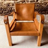 Safari armchair in wood and leather -1950's