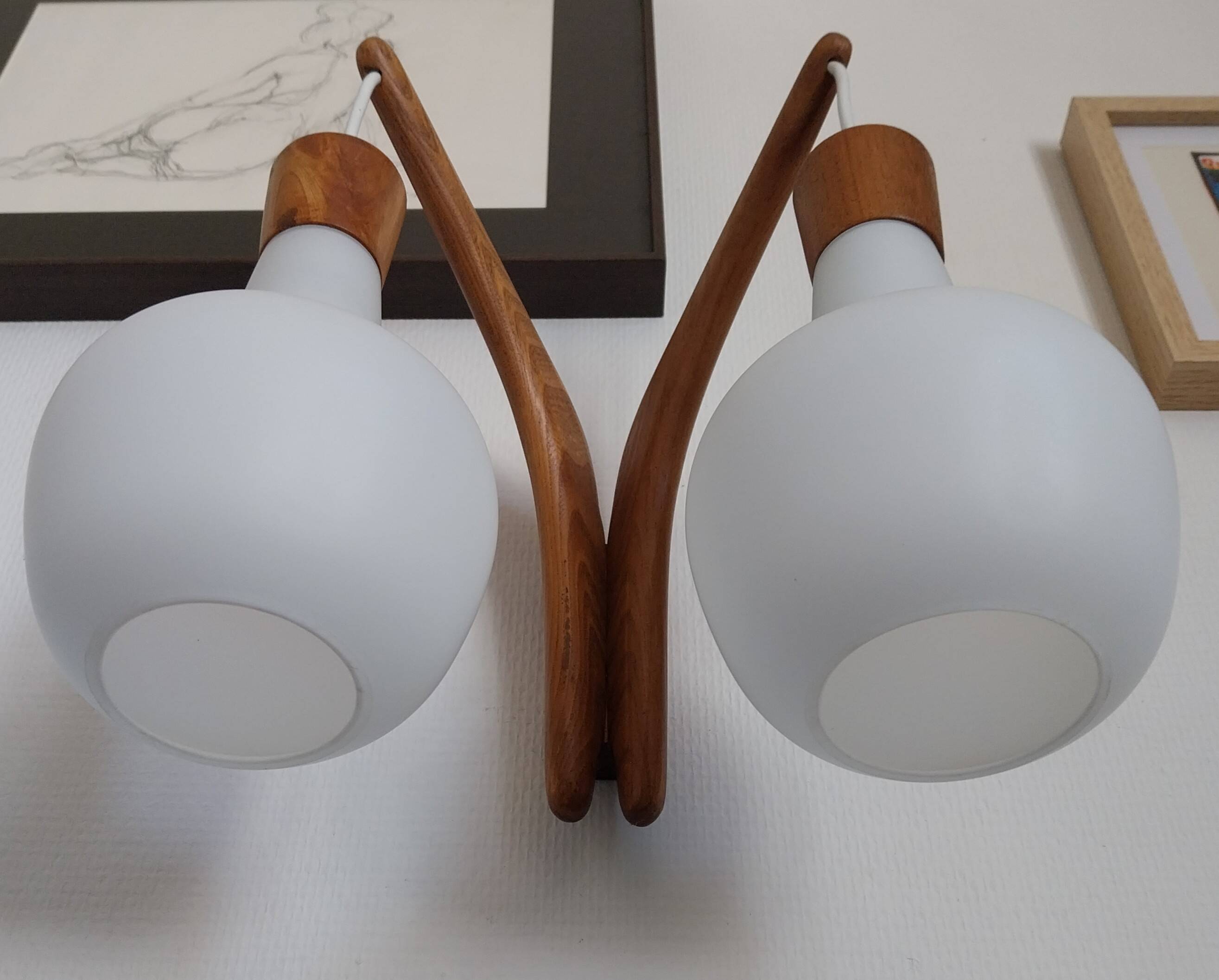 double teak wall lamp and Scandinavian suspended opalines