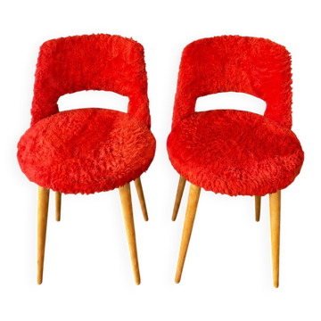 Pair of vintage red shaggy armchairs from the 1960s.