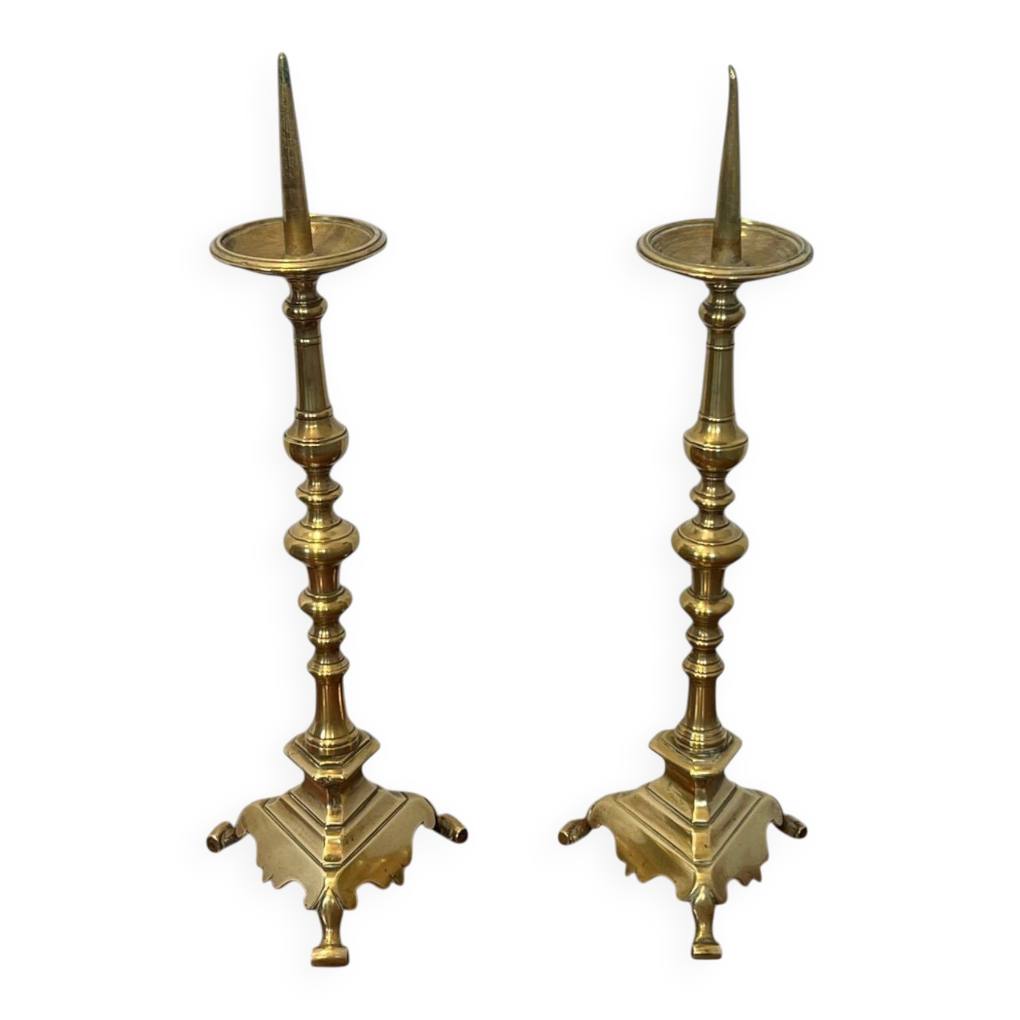 Pair of Large Brass Altar Candlesticks with Baluster Shaft and Tripod Base
