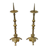 Pair of Large Brass Altar Candlesticks with Baluster Shaft and Tripod Base