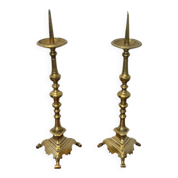 Pair of Large Brass Altar Candlesticks with Baluster Shaft and Tripod Base