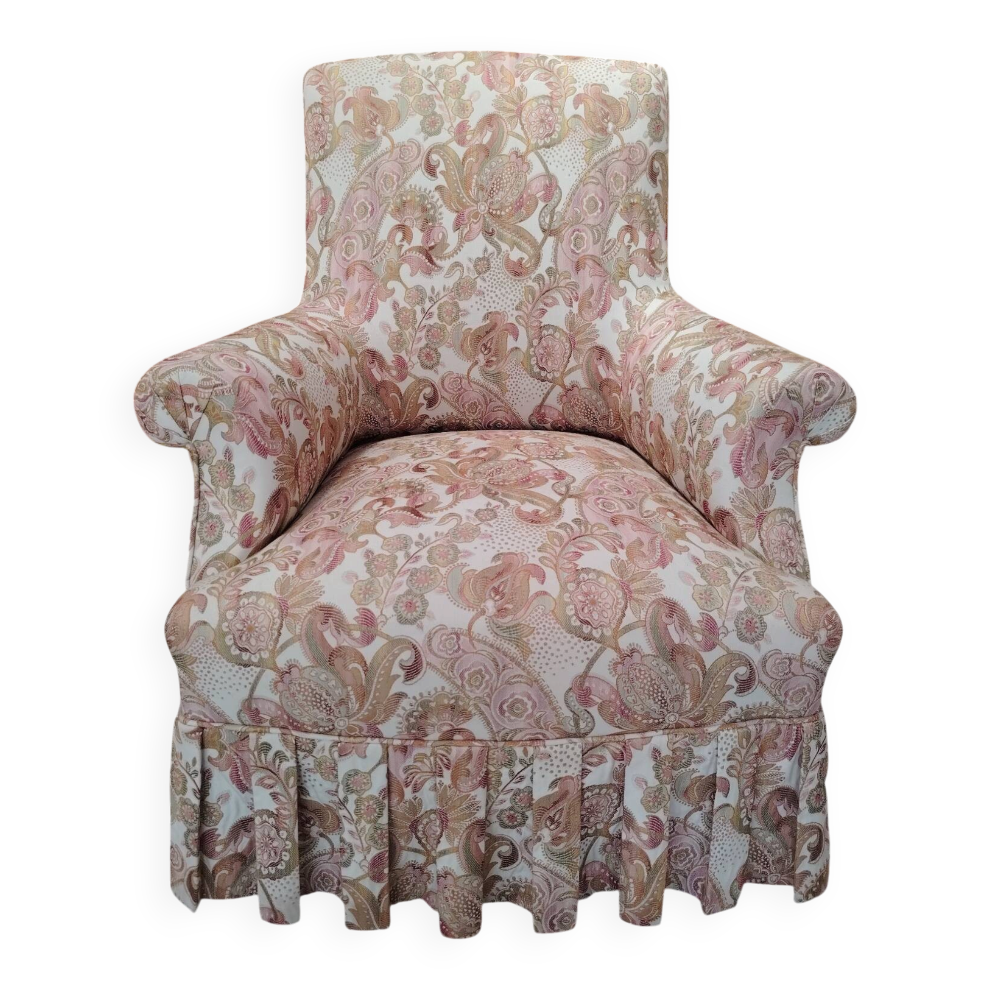 Antique armchair fully restored with brass wheels.