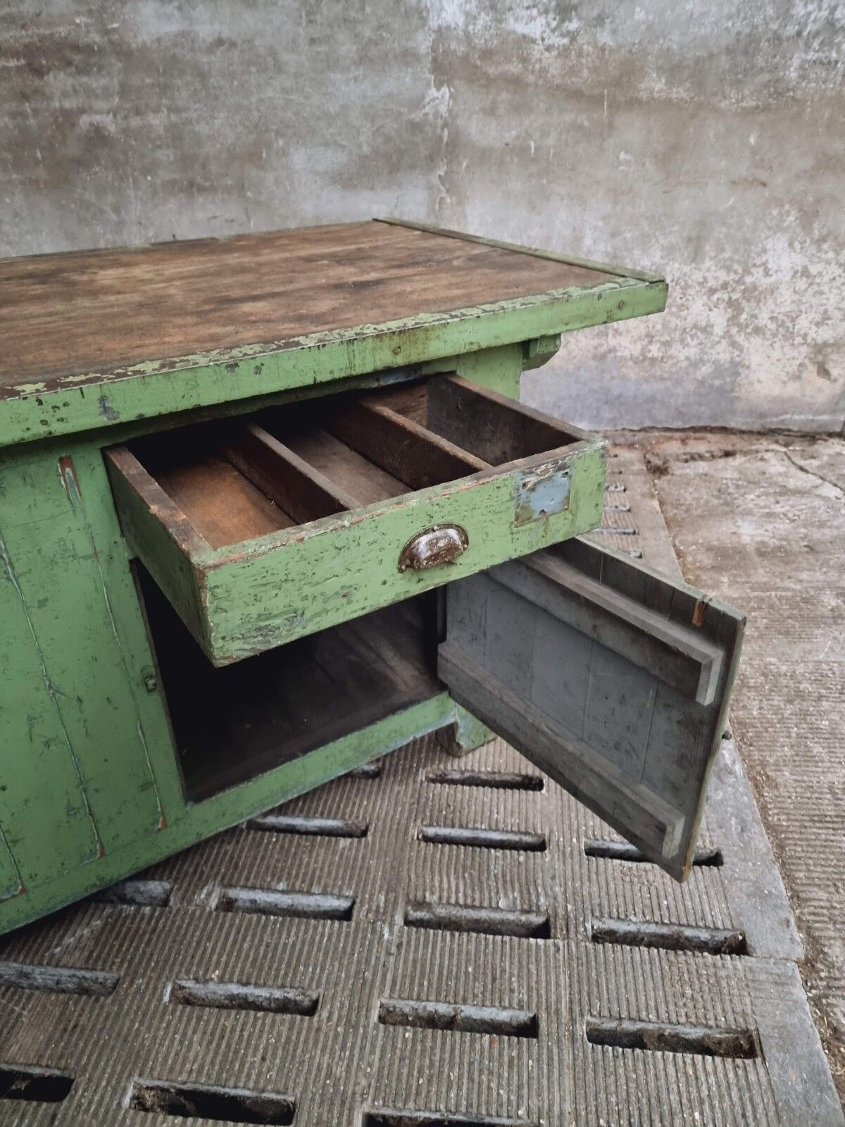 Antique workbench green kitchen island