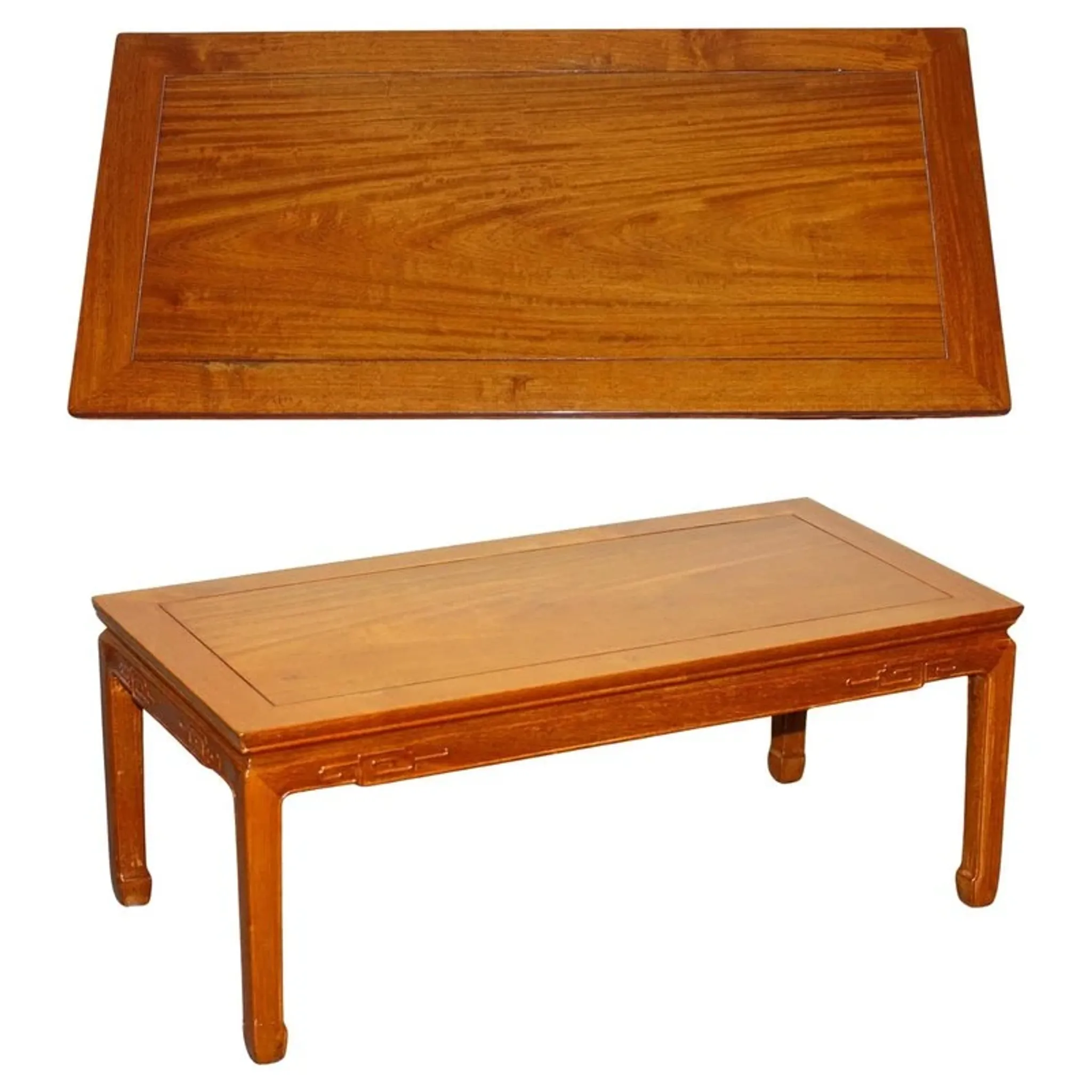 Table Basse Rectangulaire Vintage Orientale en Teck Sculpté, Chine