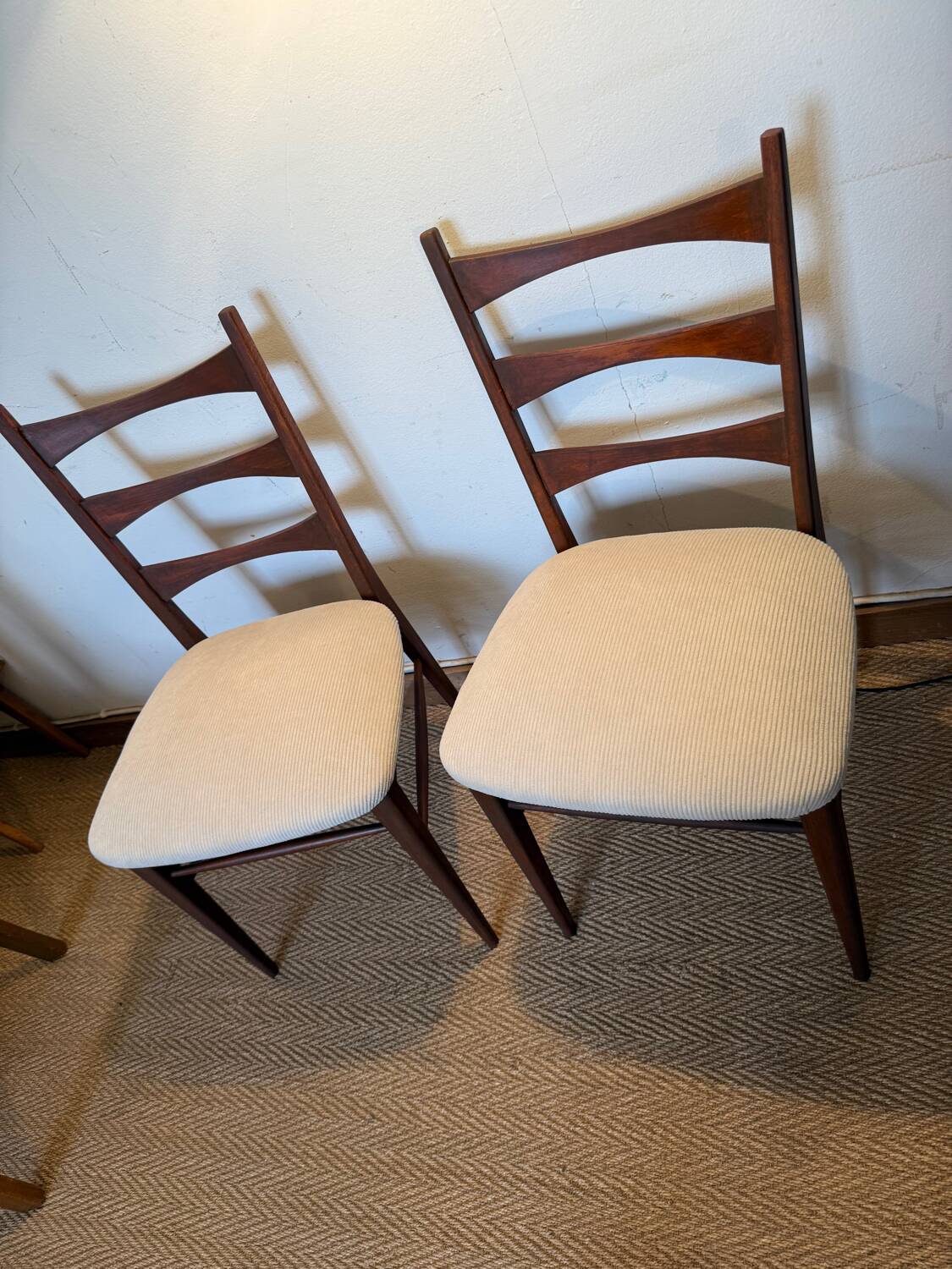 Pair of vintage wood and corduroy chairs