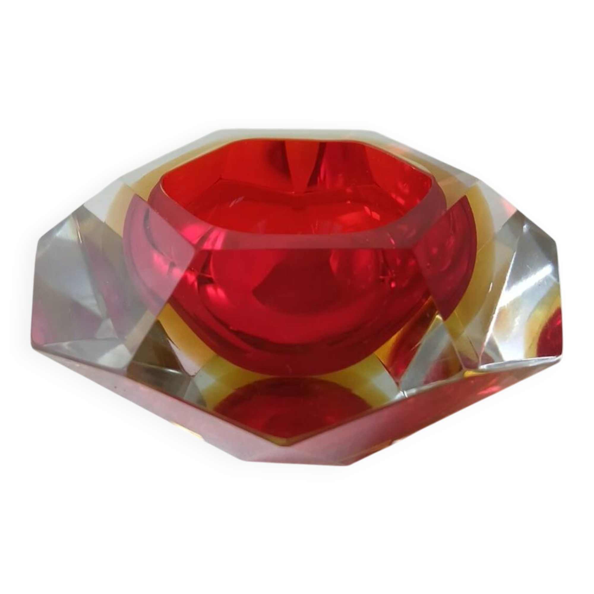 Murano ashtray Sommerso faceted glass red yellow vintage 60s-70s