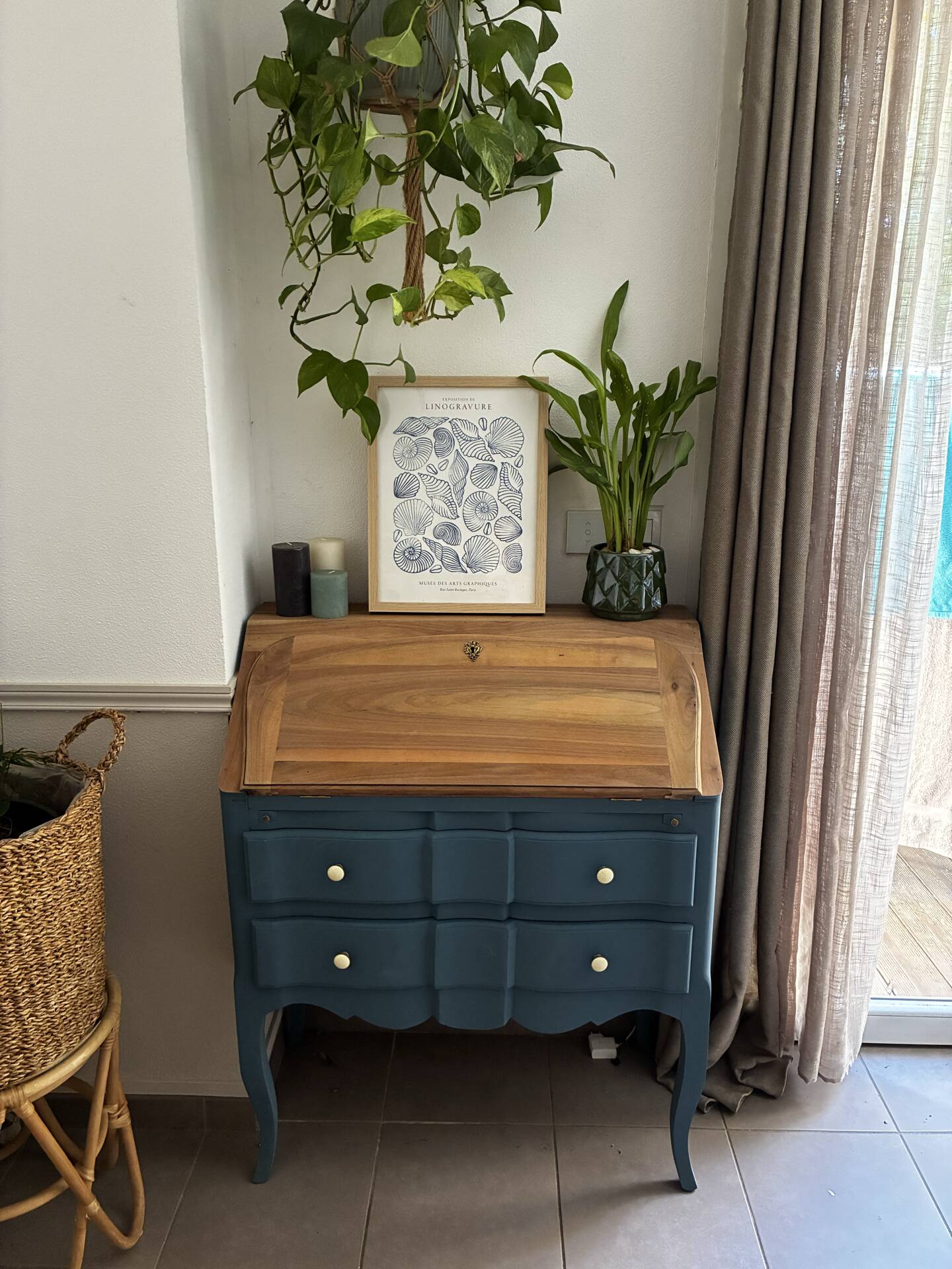 Restored antique drop-leaf secretary – natural wood & Night Blue
