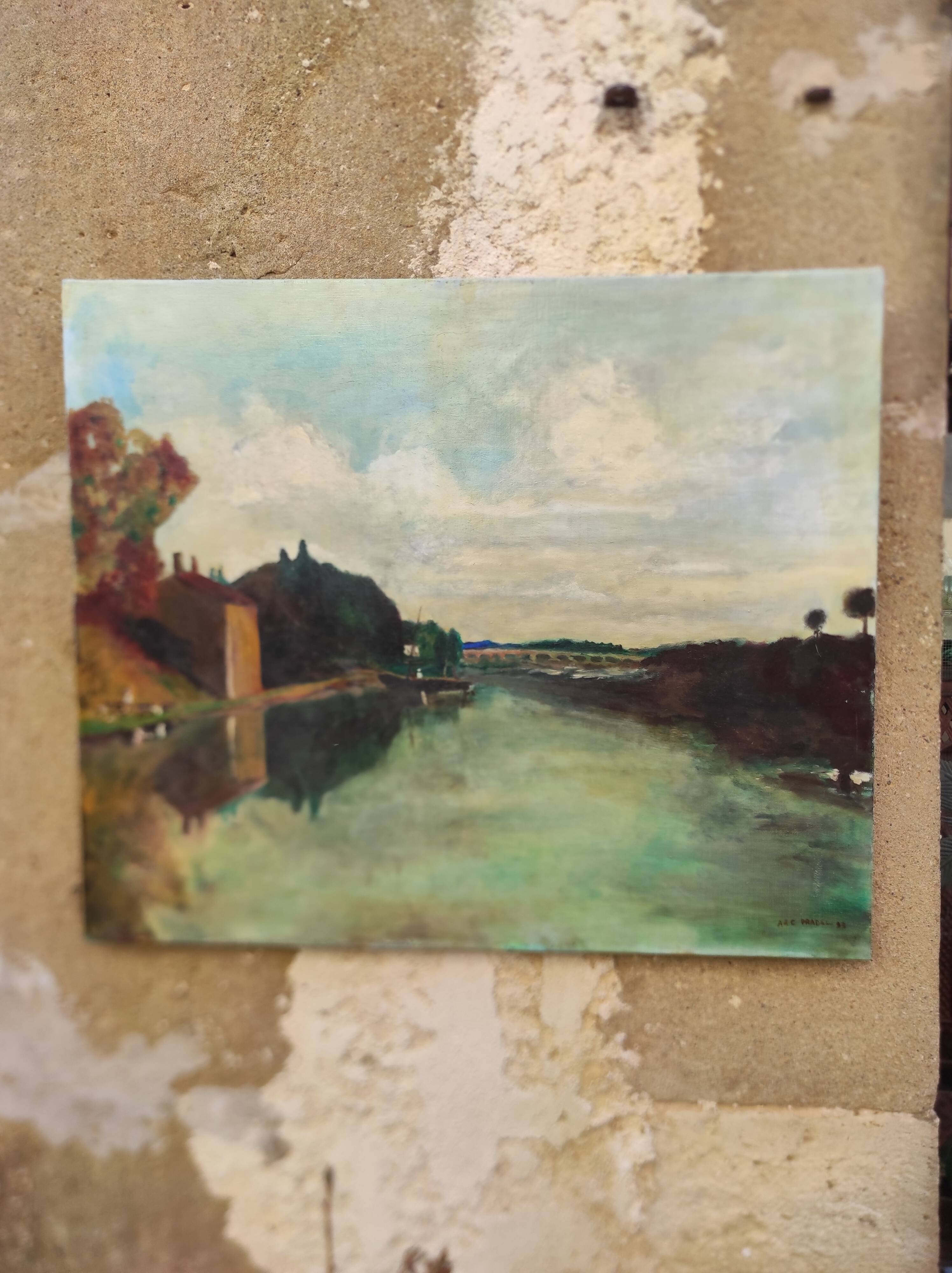 French vintage oil painting landscape, signed A&C Pradel, 1993