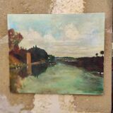 Peinture à l'huile vintage française paysage, signée A&C Pradel, 1993