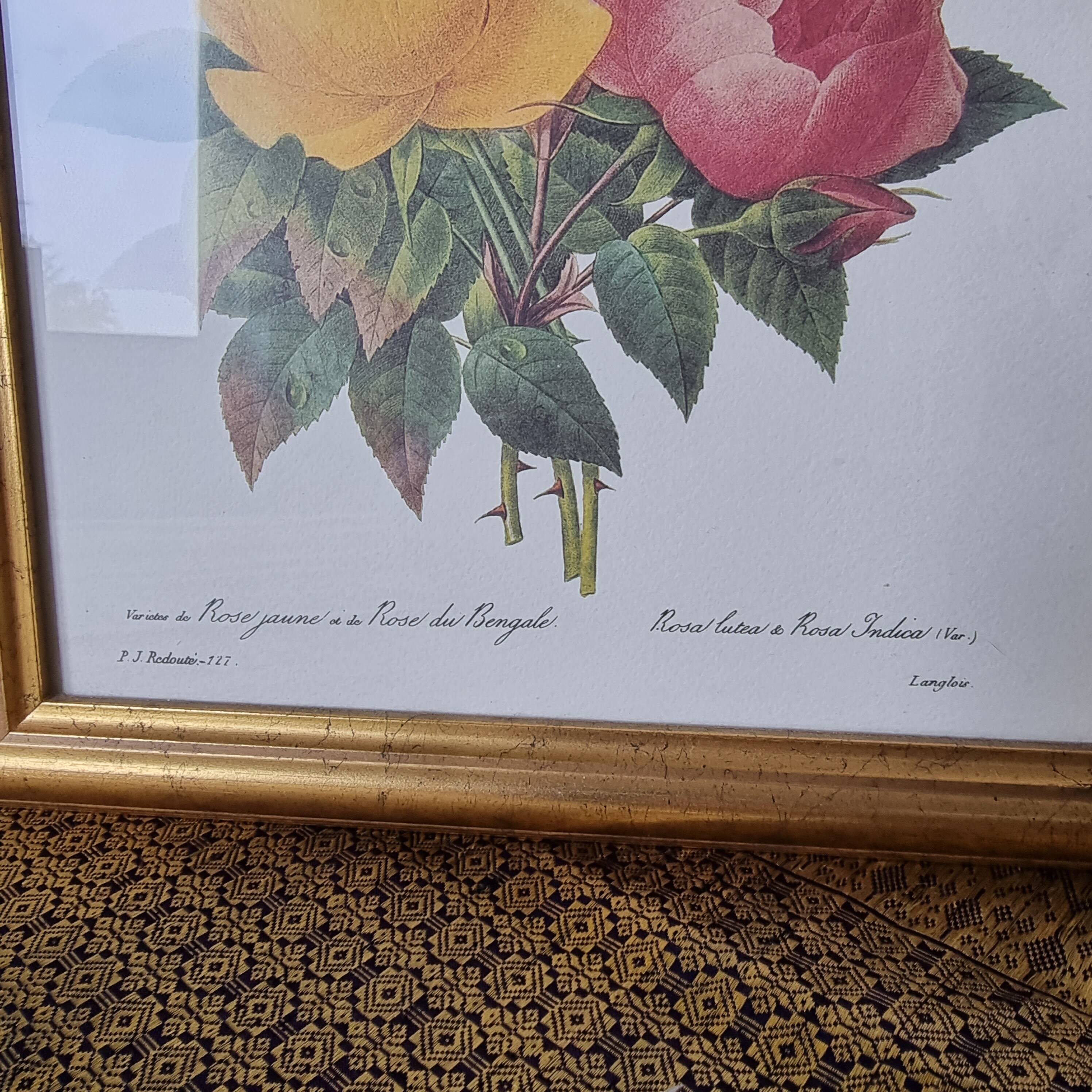 2 paintings with period lithographed flowers and gilded wooden frame.