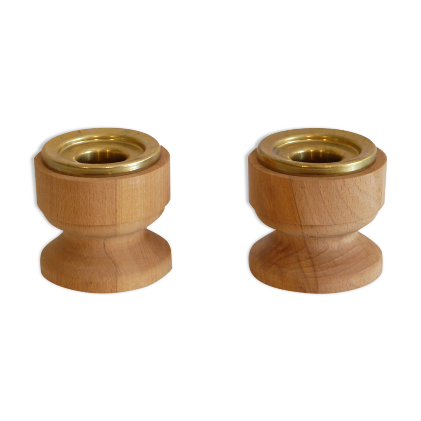 Pair of vintage candle holders in wood and brass