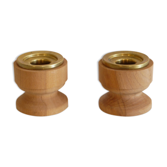 Pair of vintage candle holders in wood and brass