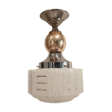 Art deco chandelier white clichy glass chrome and copper