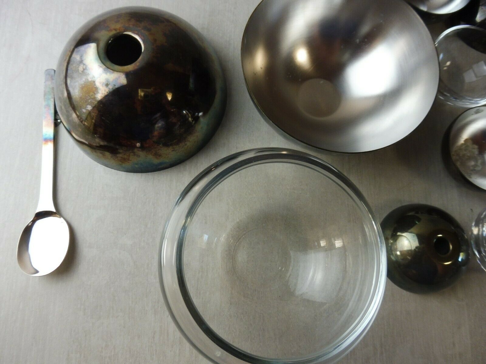 Old breakfast service, confectioner, sugar bowl, silver metal ball + glass