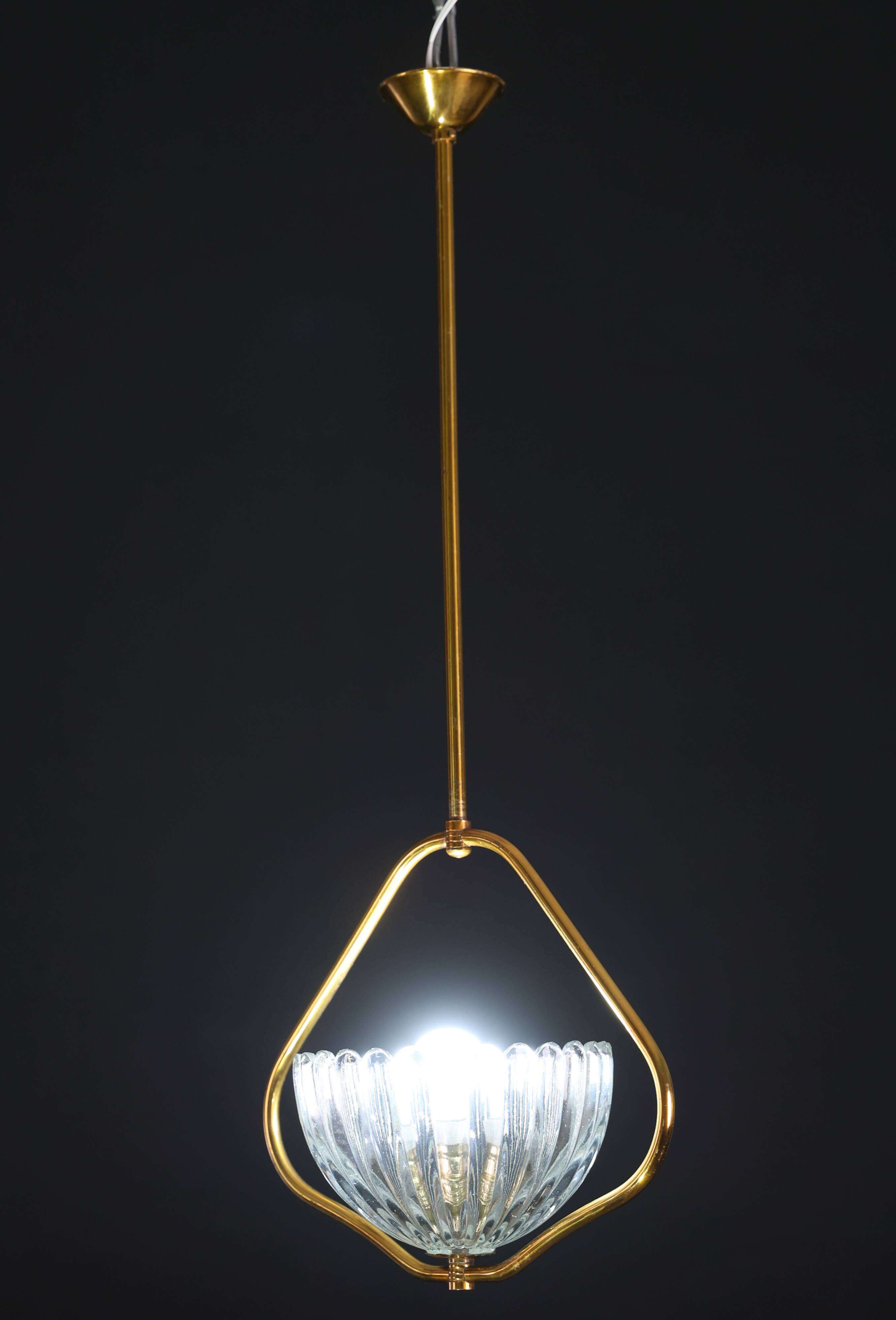 Art Decò Barovier e Toso Murano Glass and Brass Pendant Light, 1950