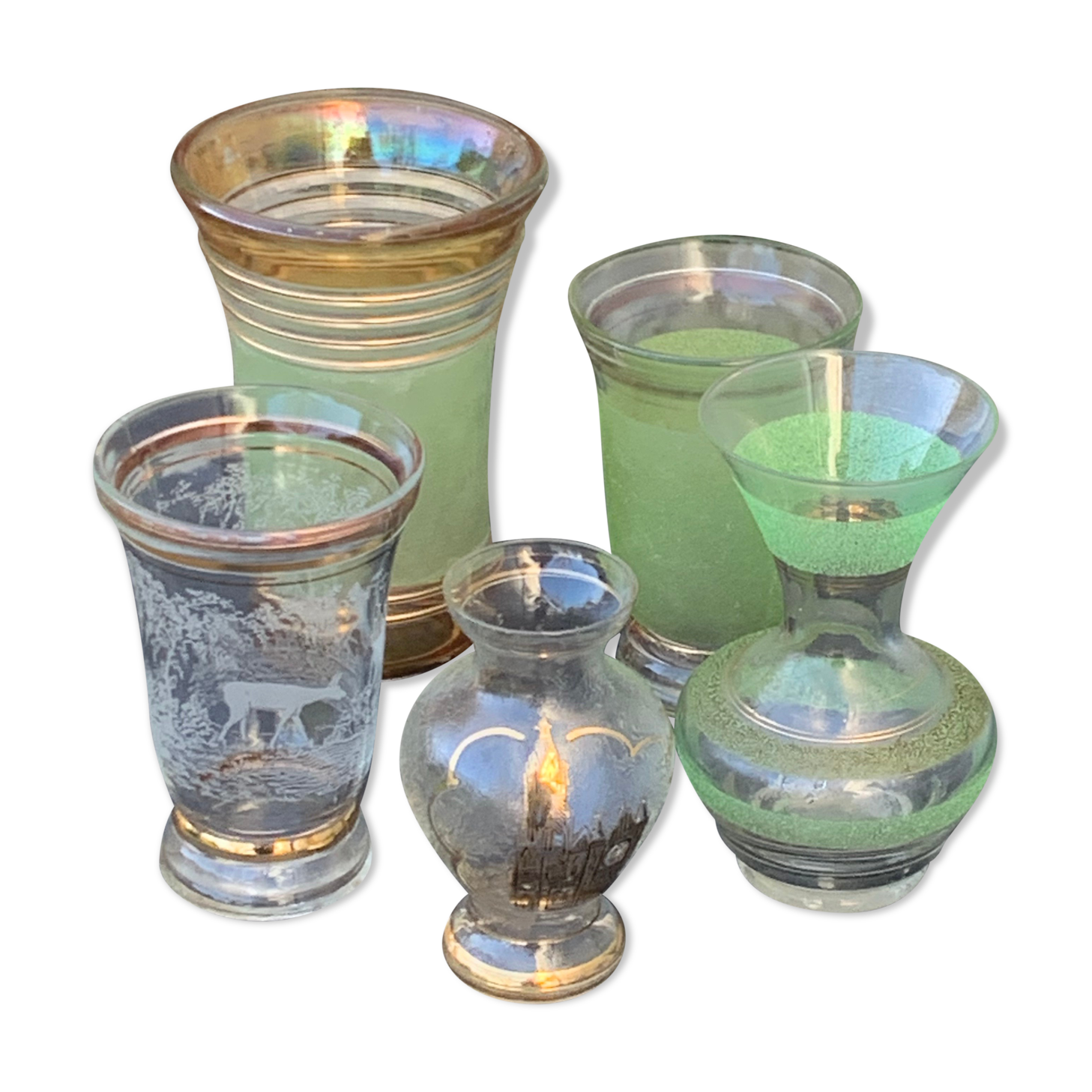 Set of 5 vases in green granite glass and vintage gold