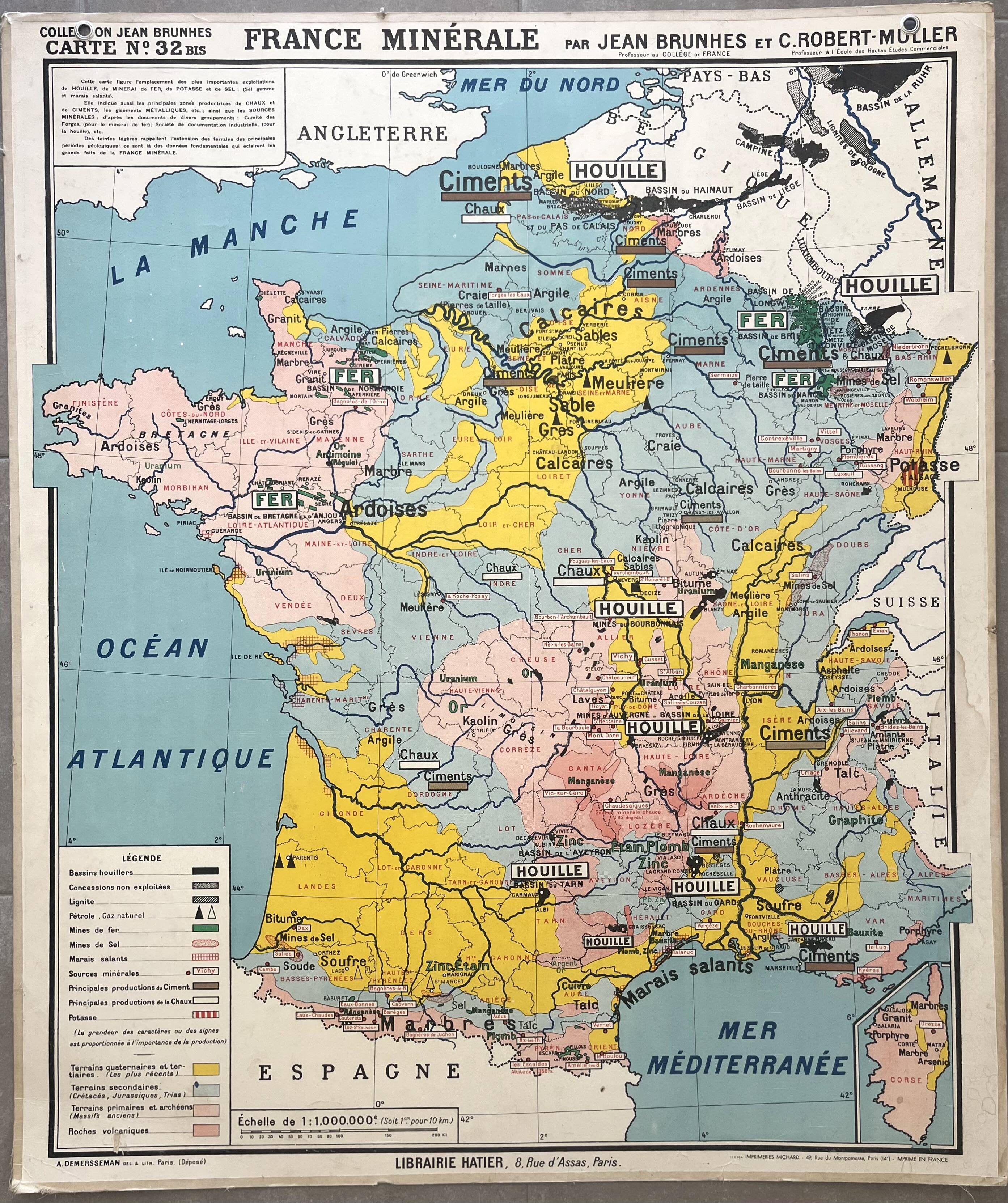 Old school map Hatier Brunhes 32, 1940 - Mineral France