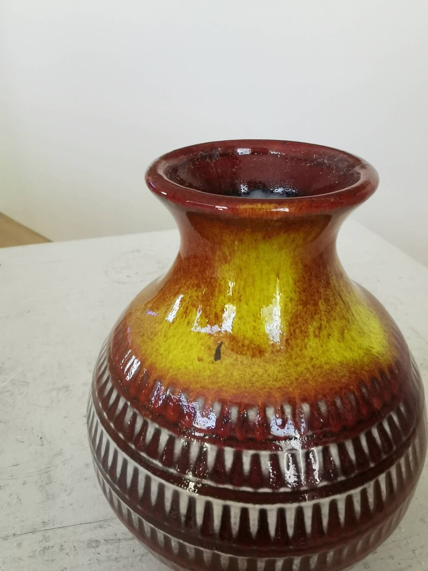 Vintage Scheurich Fat Lava Vase: West German Red & Yellow Pottery