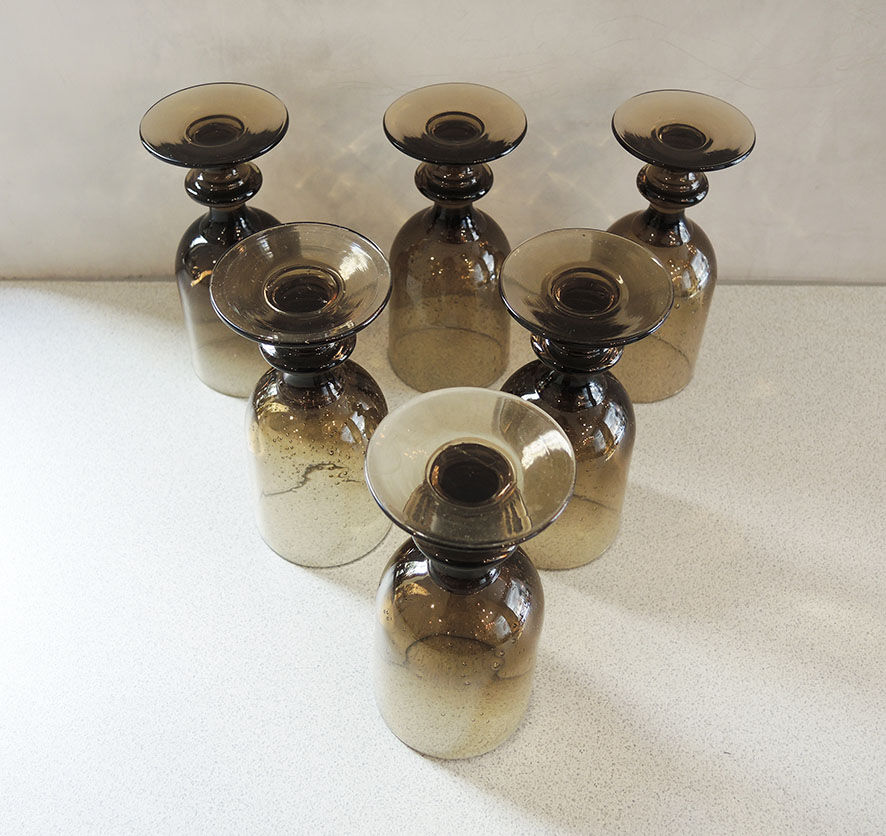 6 vintage glass foot glasses in smoked bullé from Biot