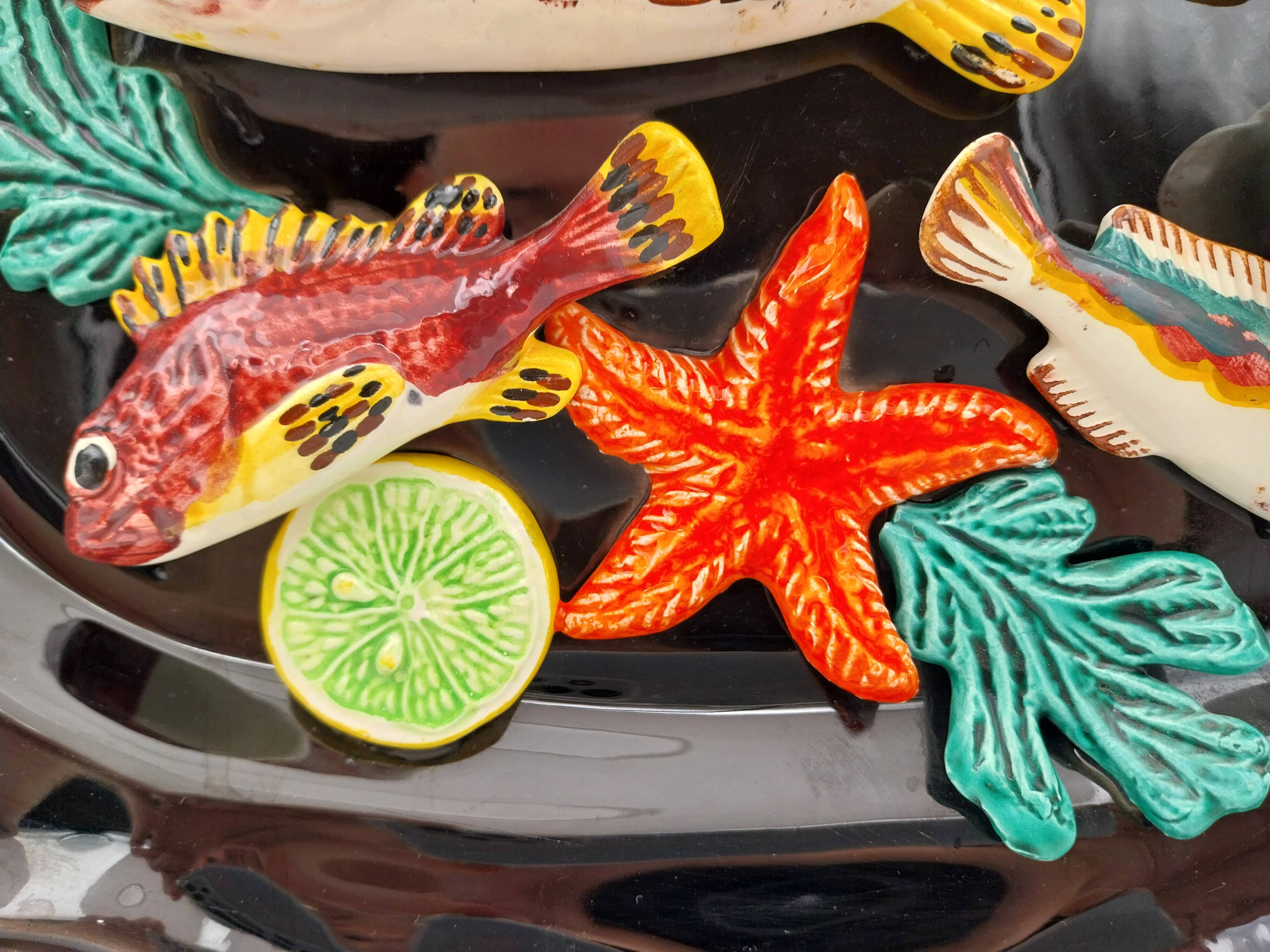 Ceramic dish barbotine vallauris trompe l'oeil kitsch Fish