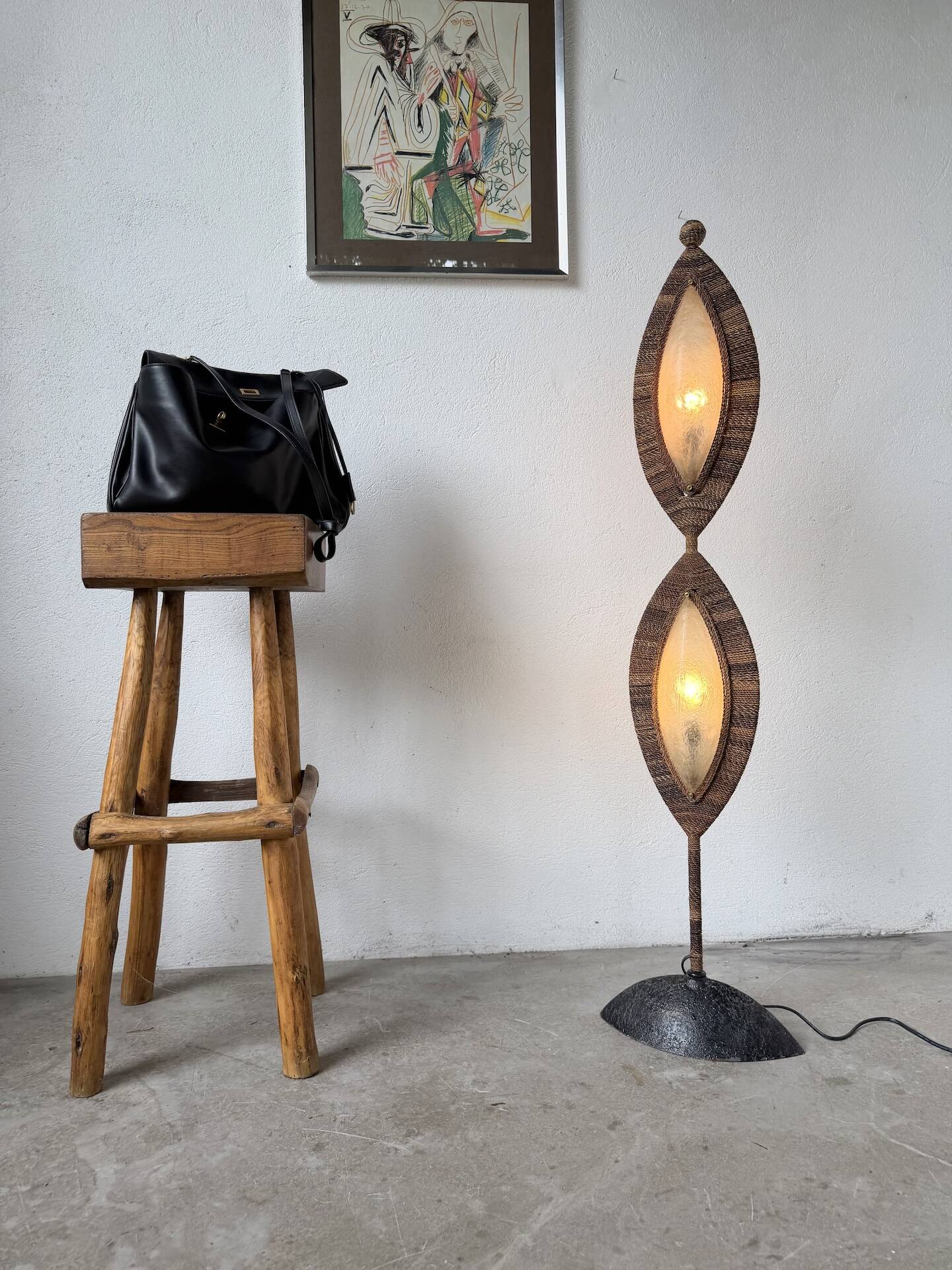 Lampadaire bronze et corde 1970