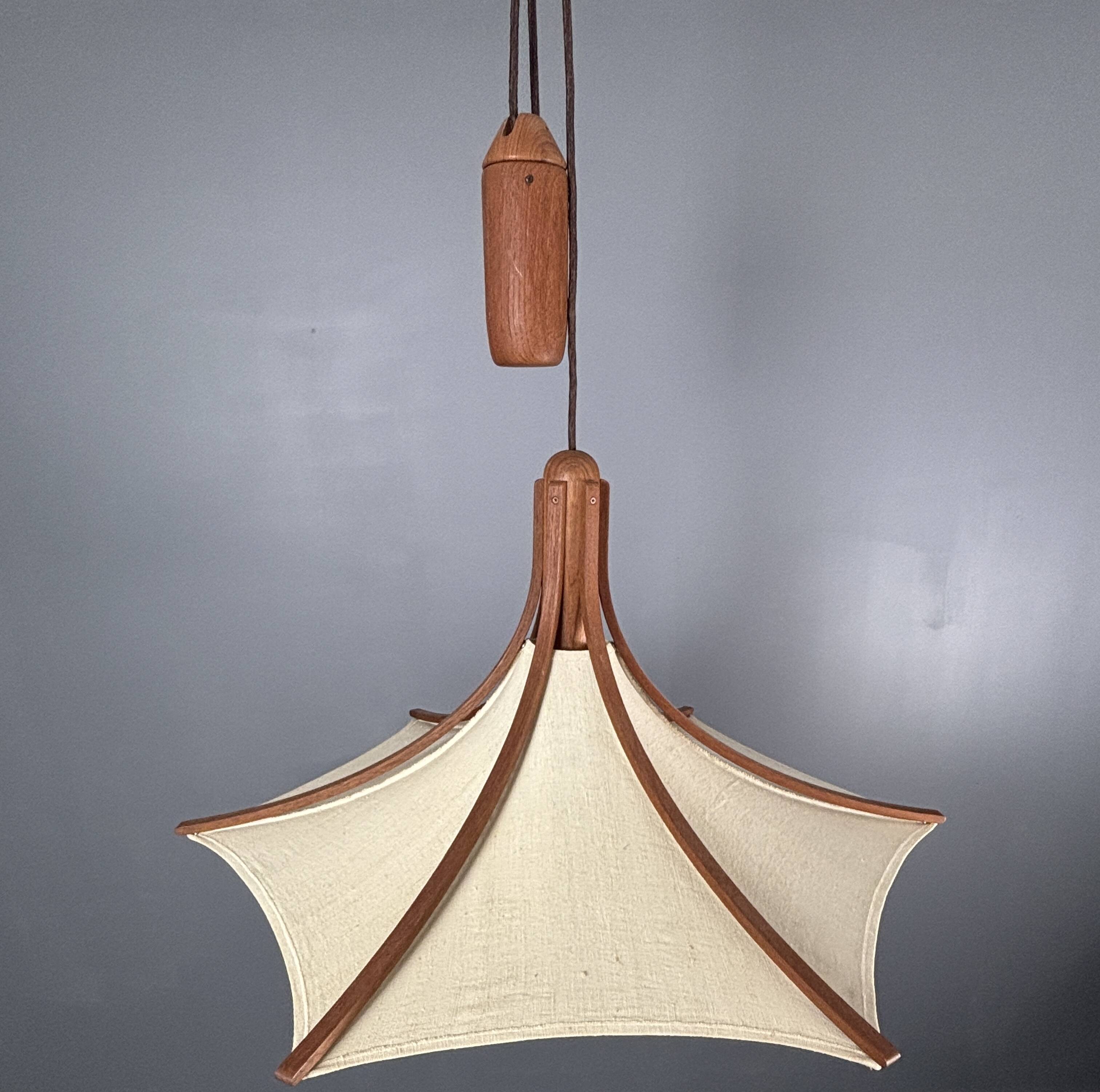 Teak And Linen Umbrella Counter Balance Pendant By Domus, 1970s