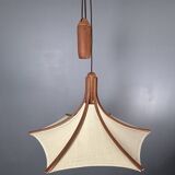 Teak And Linen Umbrella Counter Balance Pendant By Domus, 1970s