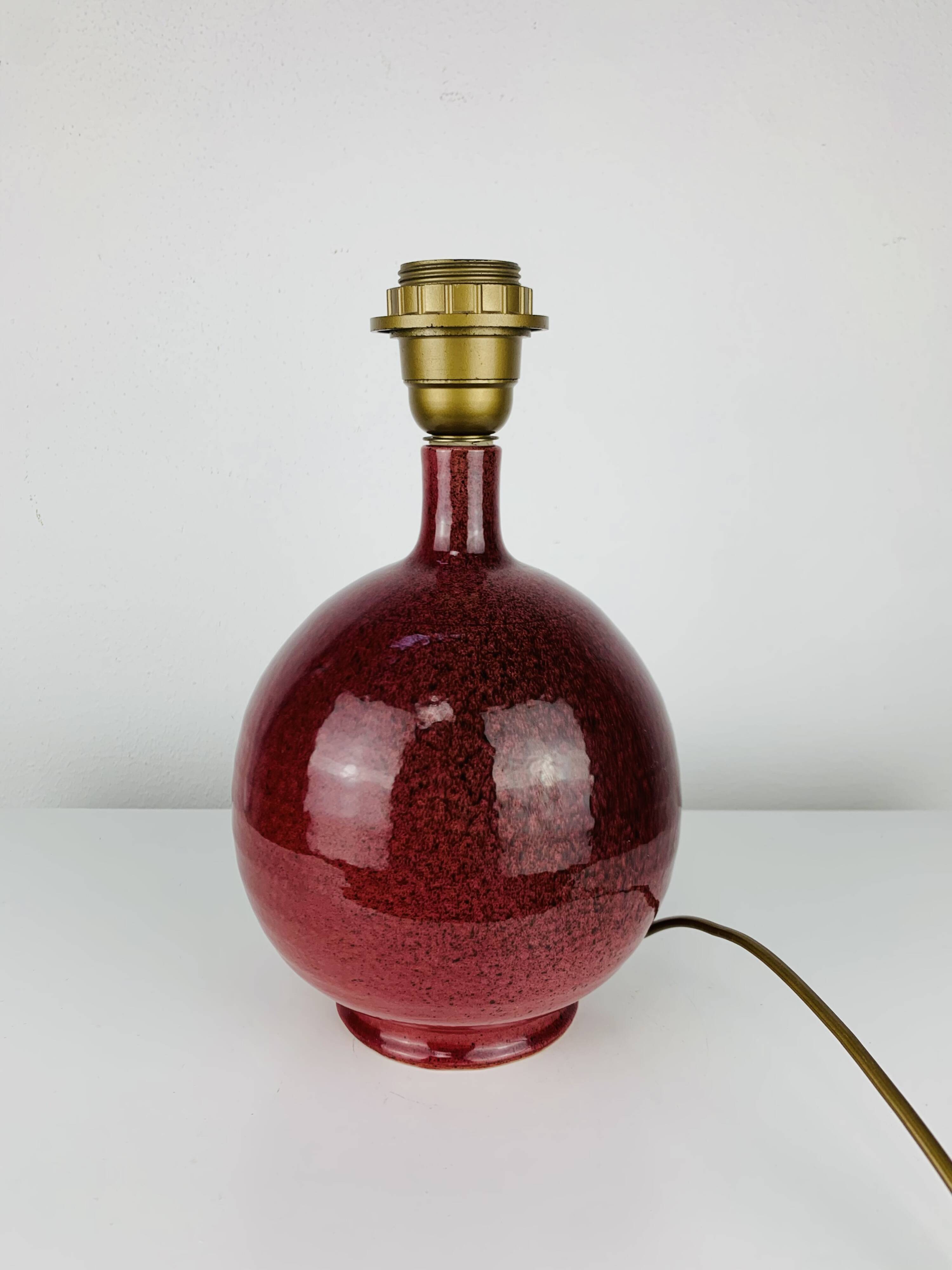 Purple ceramic ball lamp with wool shade, vintage.