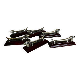 Service of 6 vintage silver metal knife holders 1960 in the shape of dogs