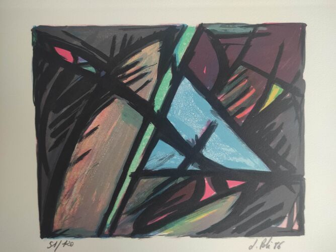 Blue geometric shape - Hand-signed lithograph - Jacques Poli - numbered 51/120