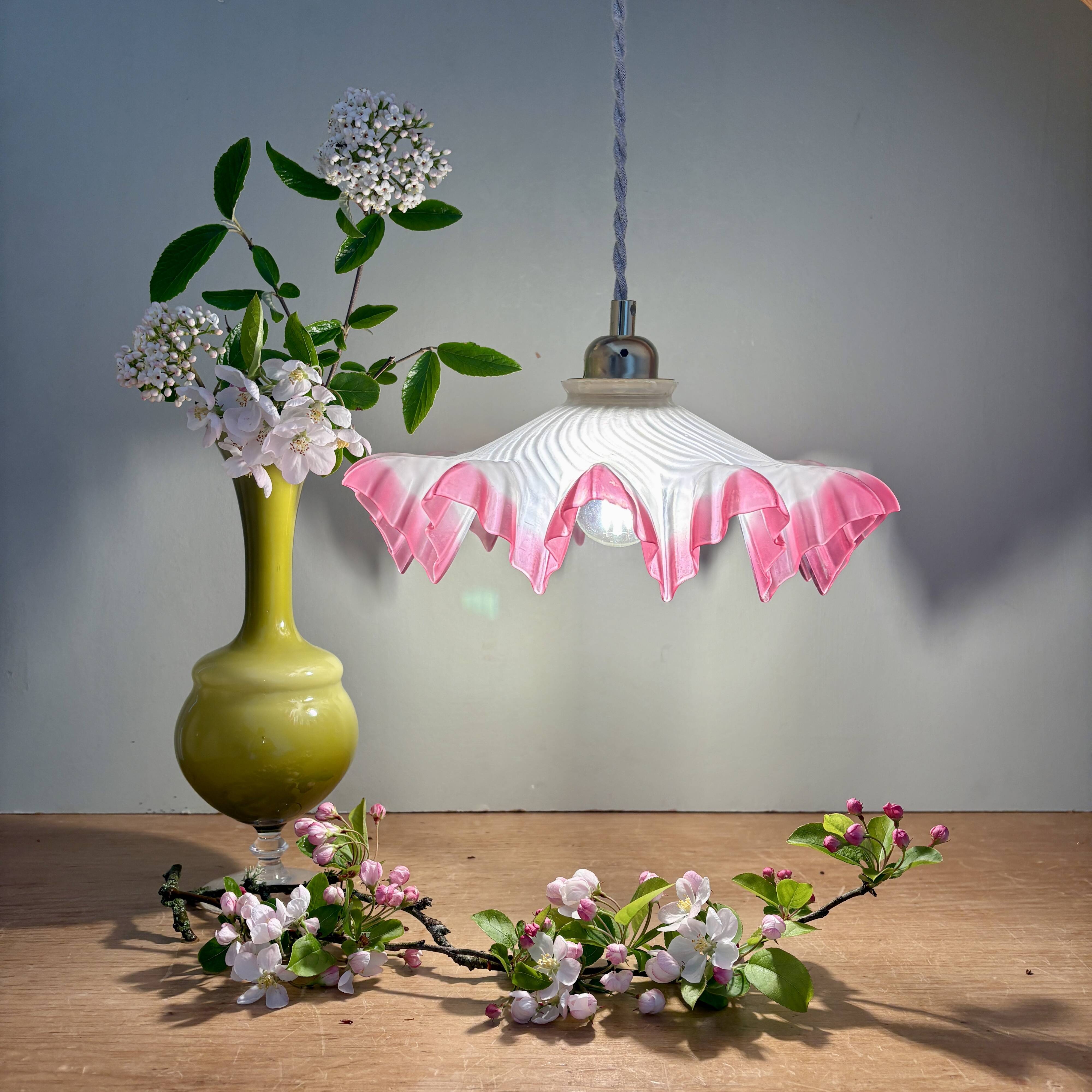 Vintage lace lampshade pendant light in pink frosted glass