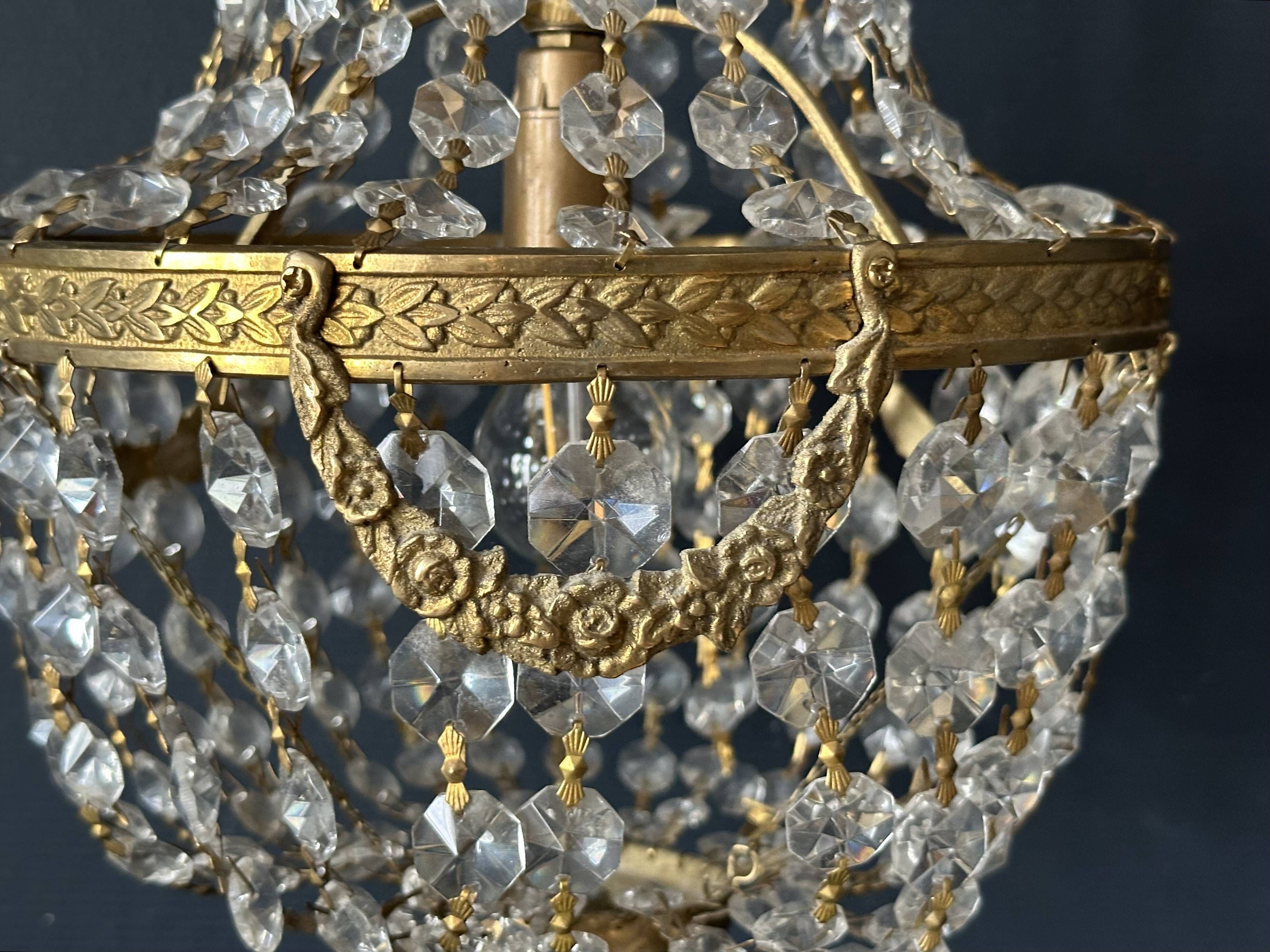 Golden bronze hot air balloon chandelier with glass pendants, mid-20th century.