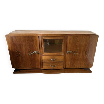Grand Buffet art deco en noyer avec vitrine