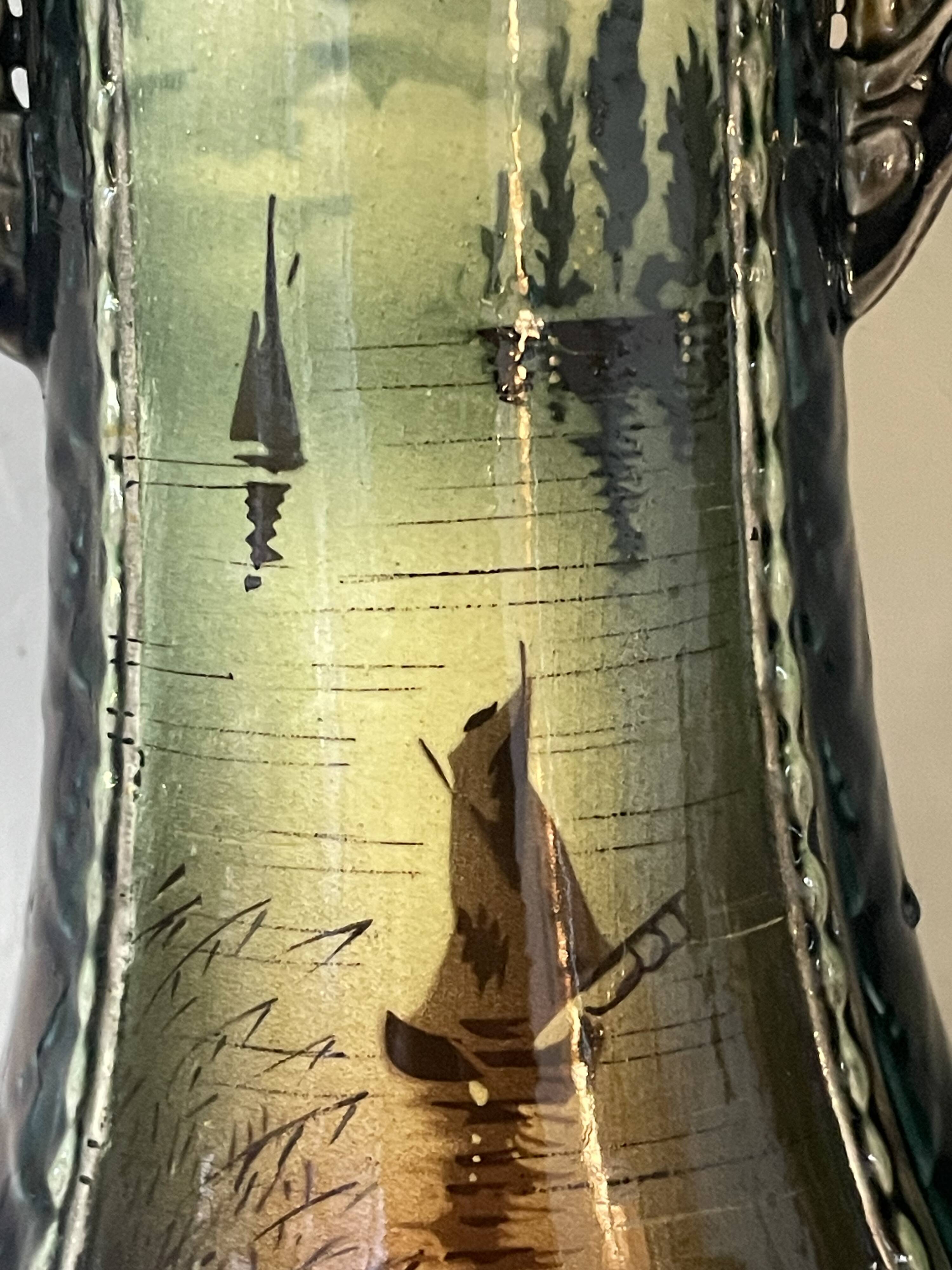 Pair of Art Nouveau slipware vases, hand-painted decoration.