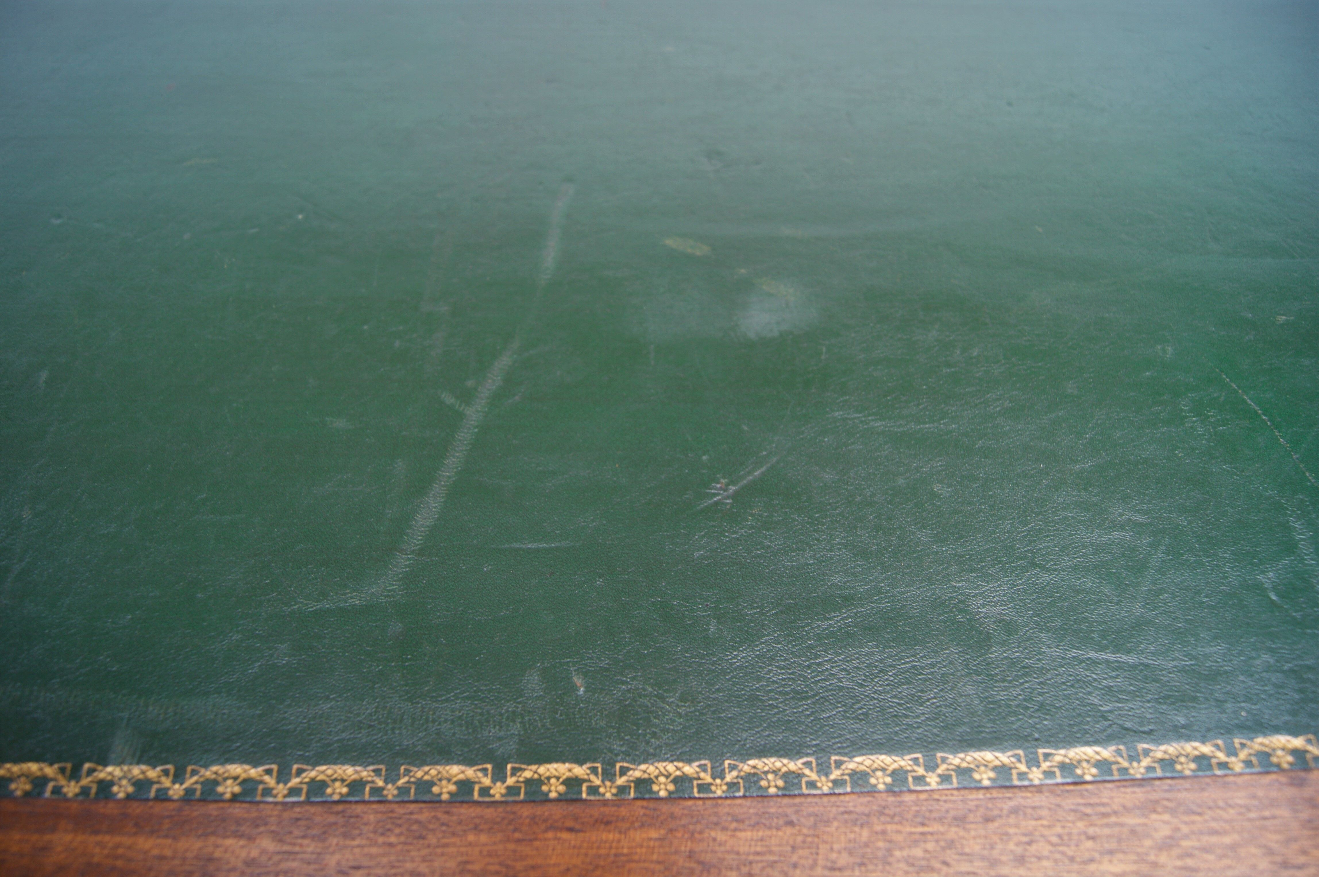 Mahogany coffee table, green leather, bronze Empire style