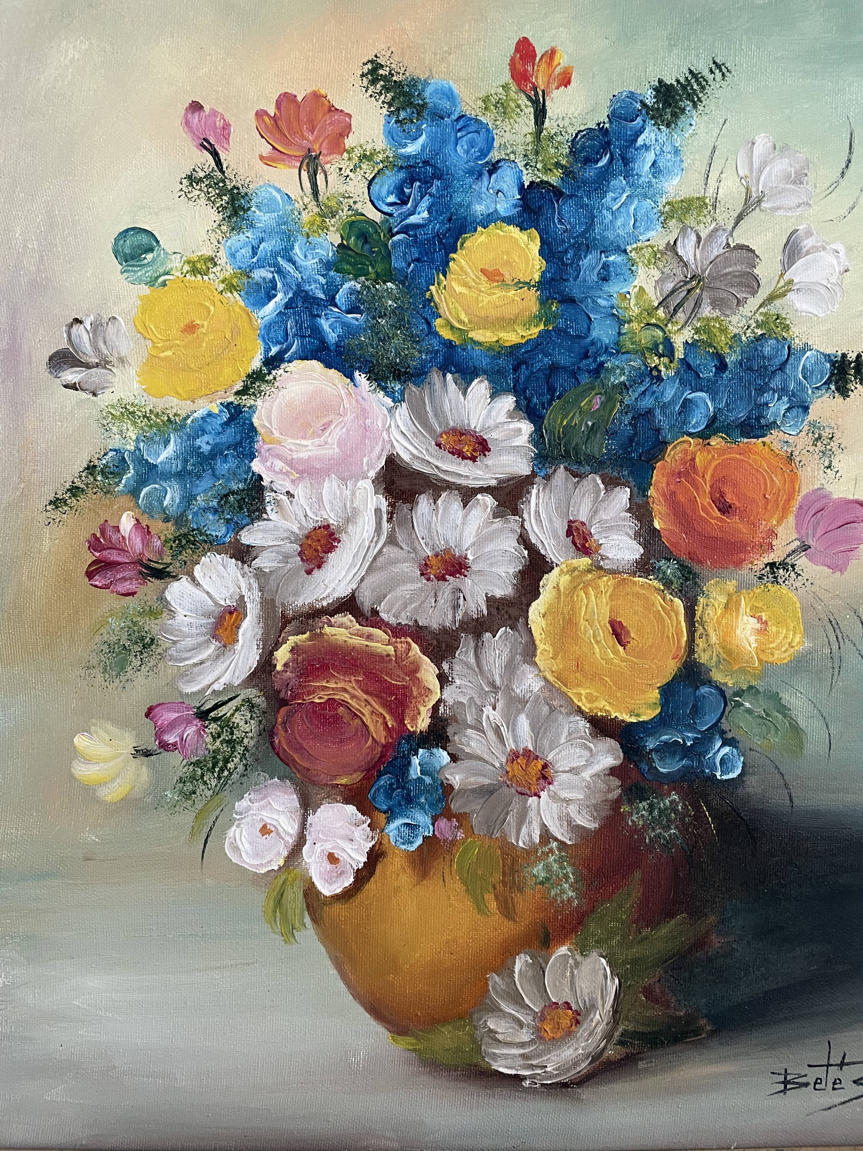 Oil painting, still life with bouquet, flowers, signed betez, floral decor, wooden frame, art