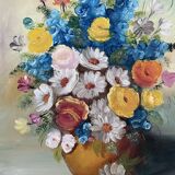 Oil painting, still life with bouquet, flowers, signed betez, floral decor, wooden frame, art