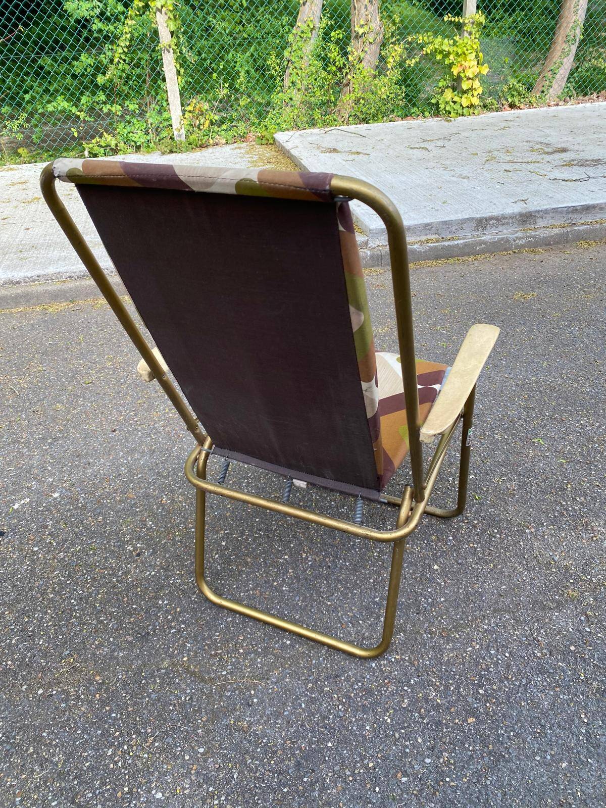Chaise longue fauteuil pliable Lafuma tissu et acier doré 1970